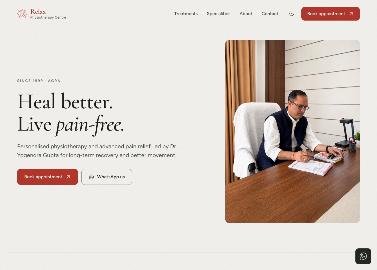 The Relax Physiotherapy Centre website built by HMY Studios, with the headline Heal better. Live pain-free.