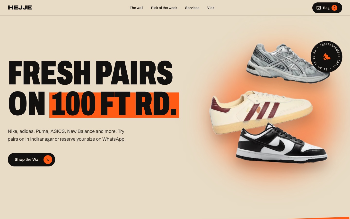 The Hejje website: the headline Fresh pairs on 100 Ft Rd beside three sneakers.